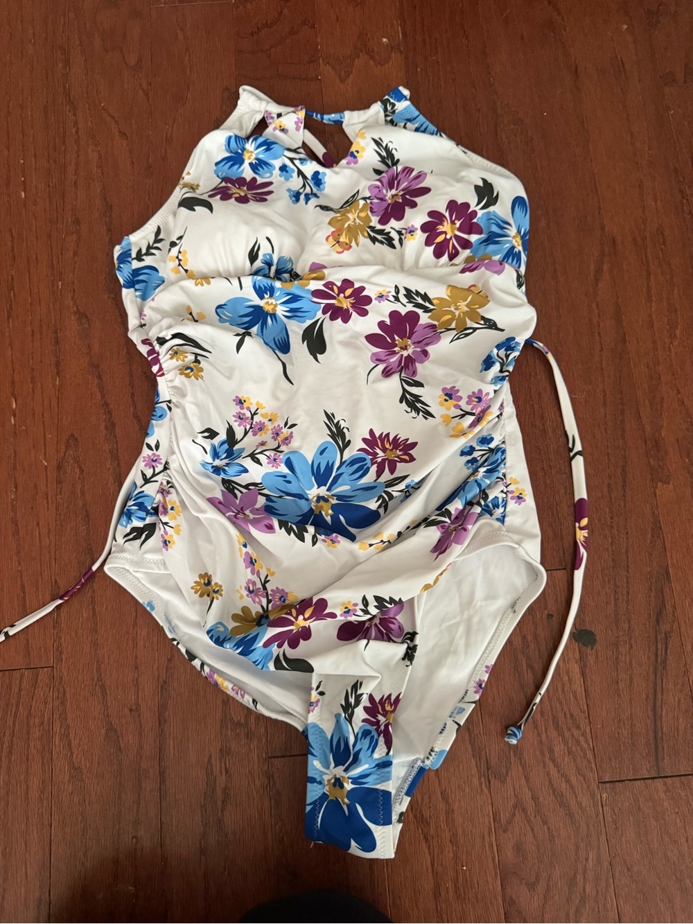 Cupshe White Floral High-Neck One-Piece Swimsuit with Blue and Purple Flowers